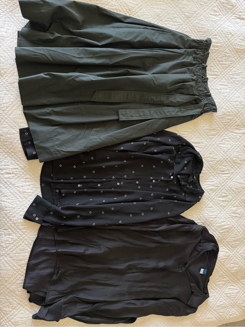 Three-Piece Outfit: Olive Midi Skirt + Black Patterned & Solid Blouses